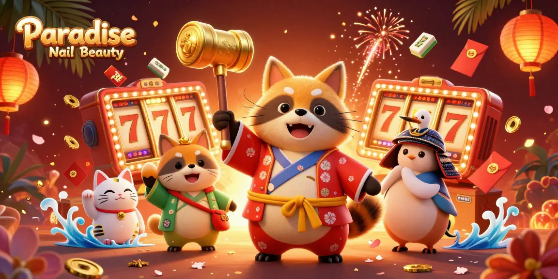 Experience thrilling wins at Paradise Nail Beauty with cheerful tanuki and lucky symbols in a vibrant scene.