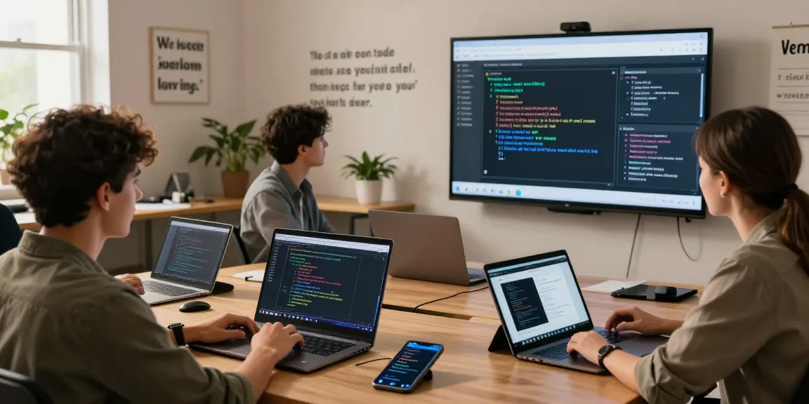 Engaging scene in an advanced React developer course, showcasing a collaborative online learning environment with diverse developers coding and presenting.