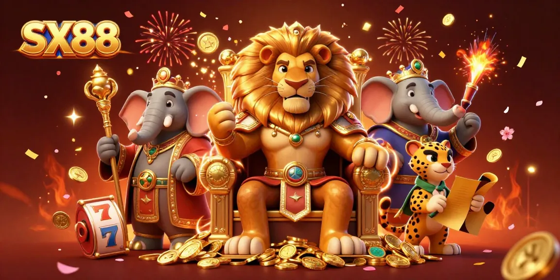 SX88 promotes thrilling casino experiences with lion king, elephant advisor, and cheetah messenger in a vivid gambling scene.