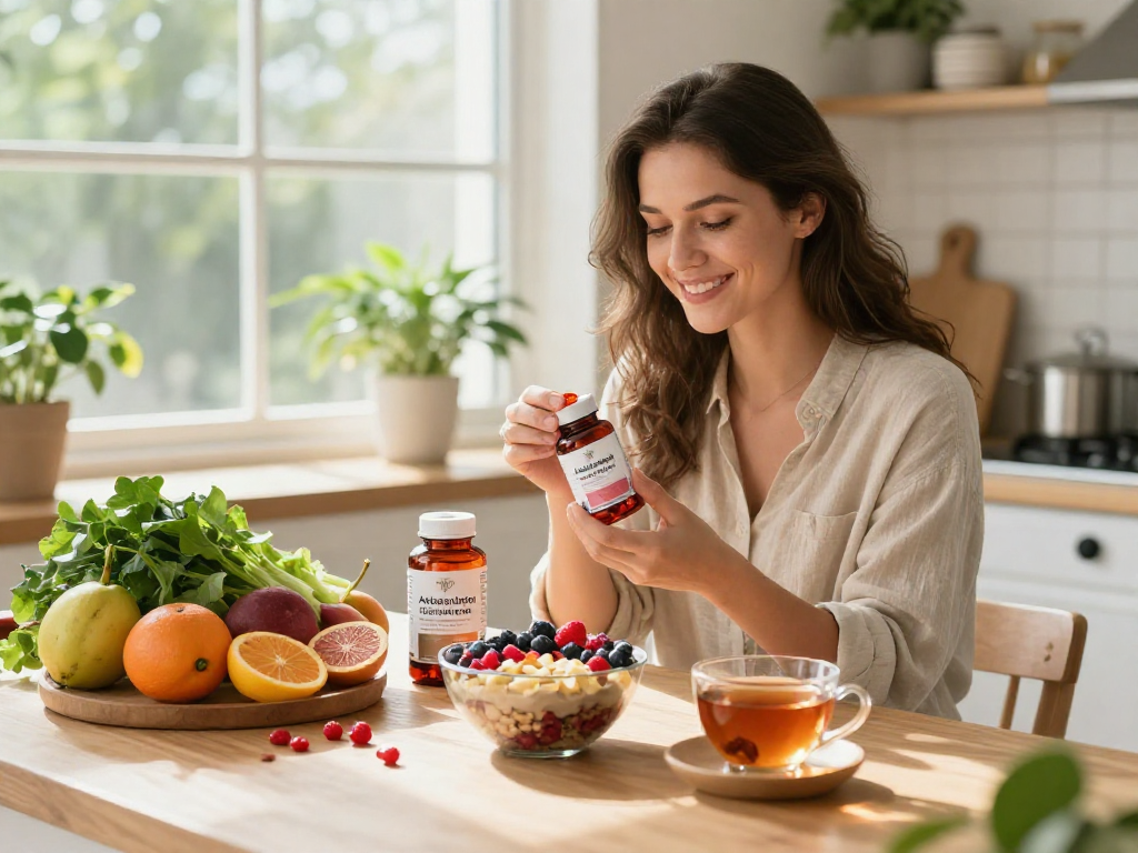 Health-conscious individual holding premium astaxanthin capsules amidst fresh fruits and greens in a bright kitchen.