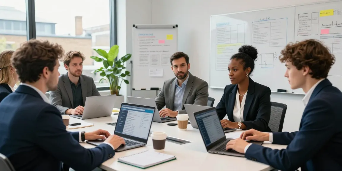 Collaborative team discussing IT helpdesk services London in a modern office environment.