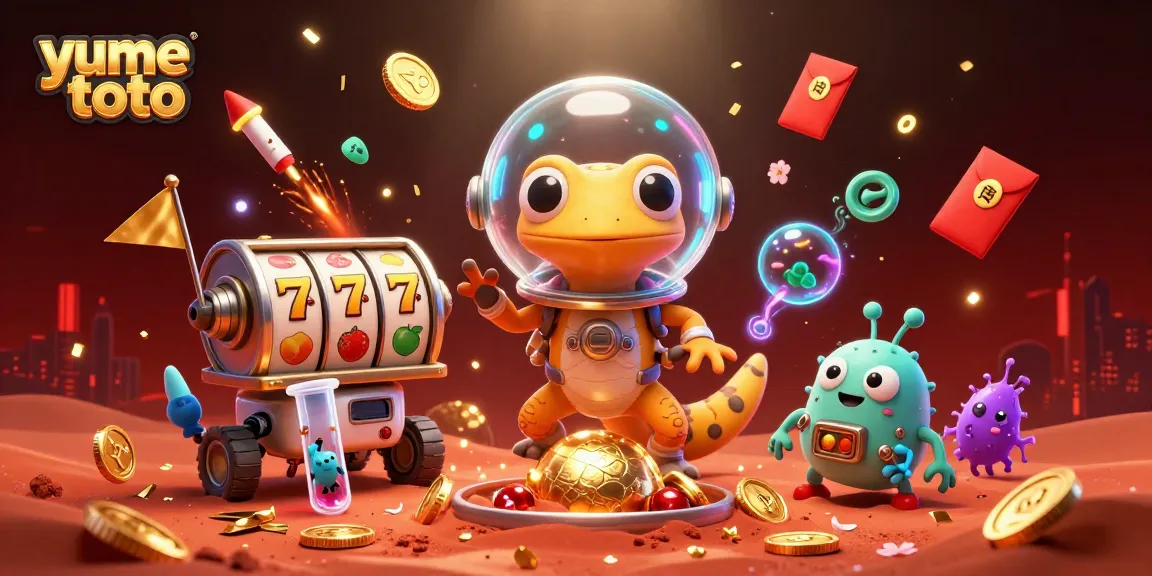 Experience vibrant yume toto slot games with a winning Martian gecko and dynamic casino background.