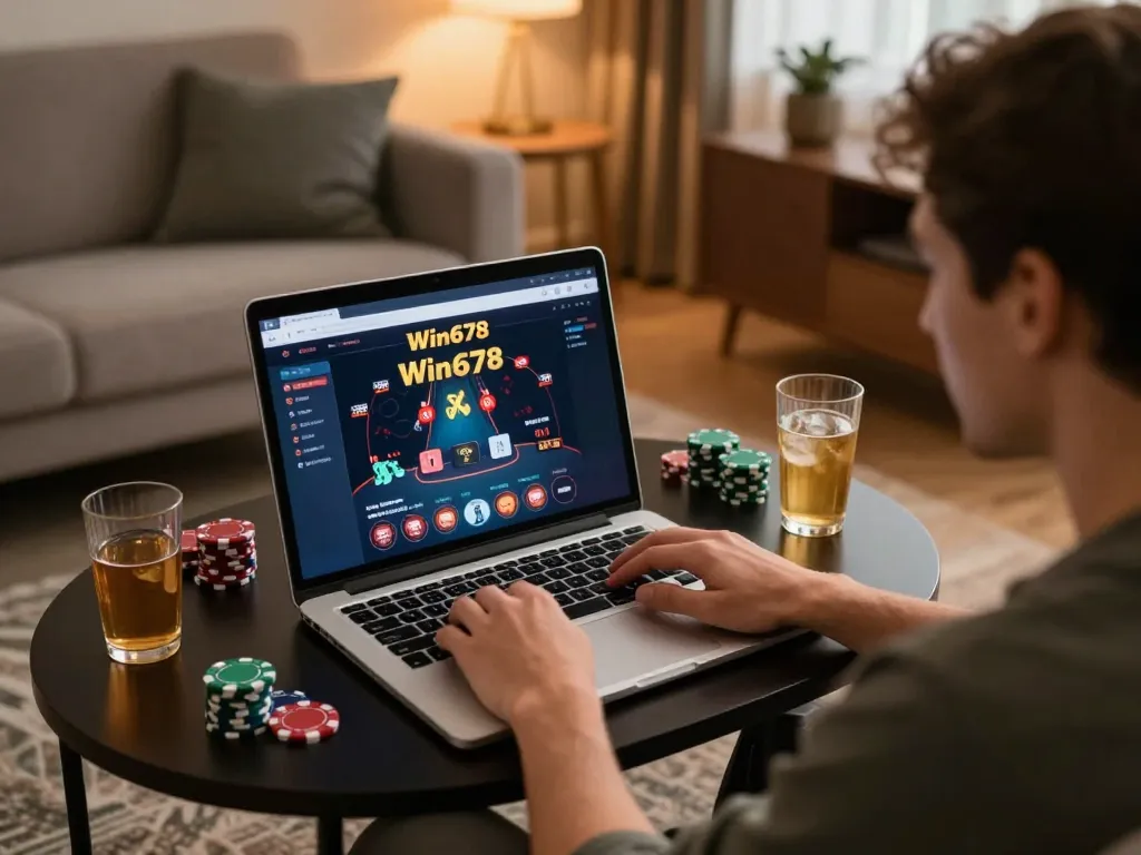 Gamer successfully using Win678 đăng nhập on a laptop for a premium online casino experience in a cozy living room.