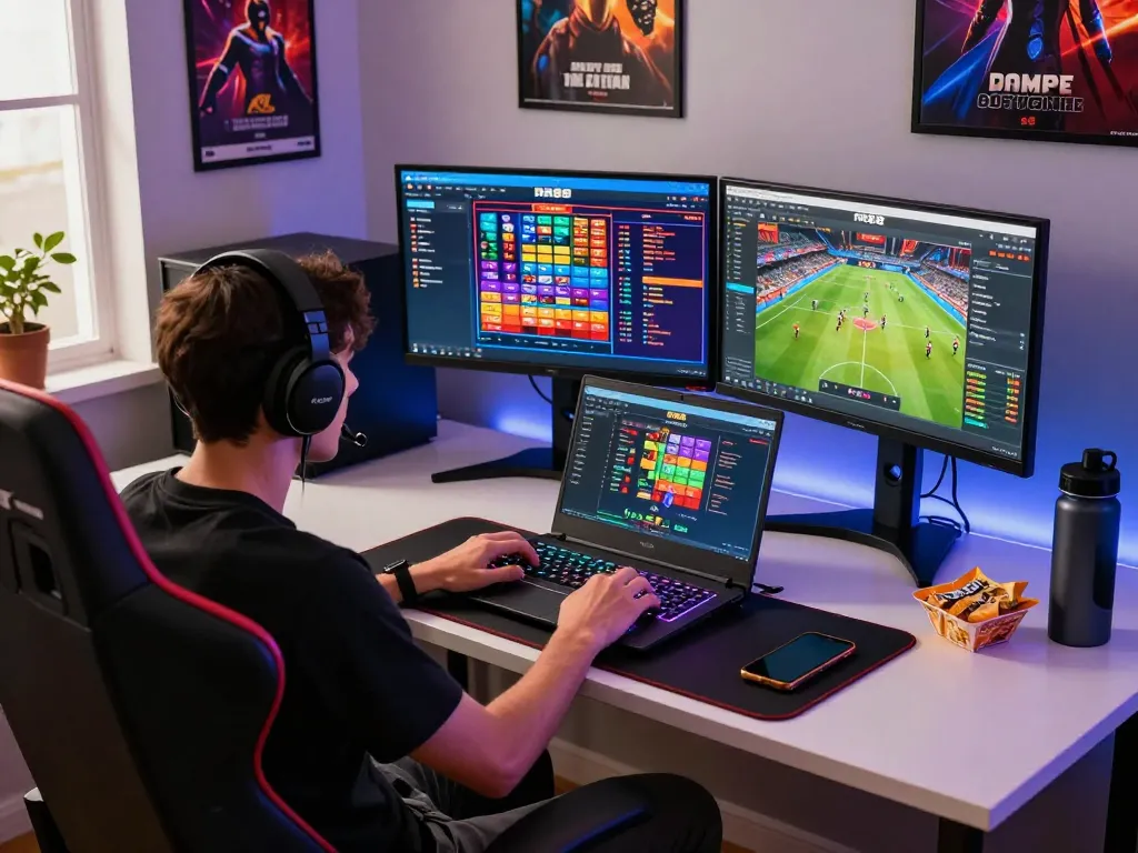 Engaging gaming setup at https://rr88c.mobi/ featuring dual monitors and colorful atmosphere.