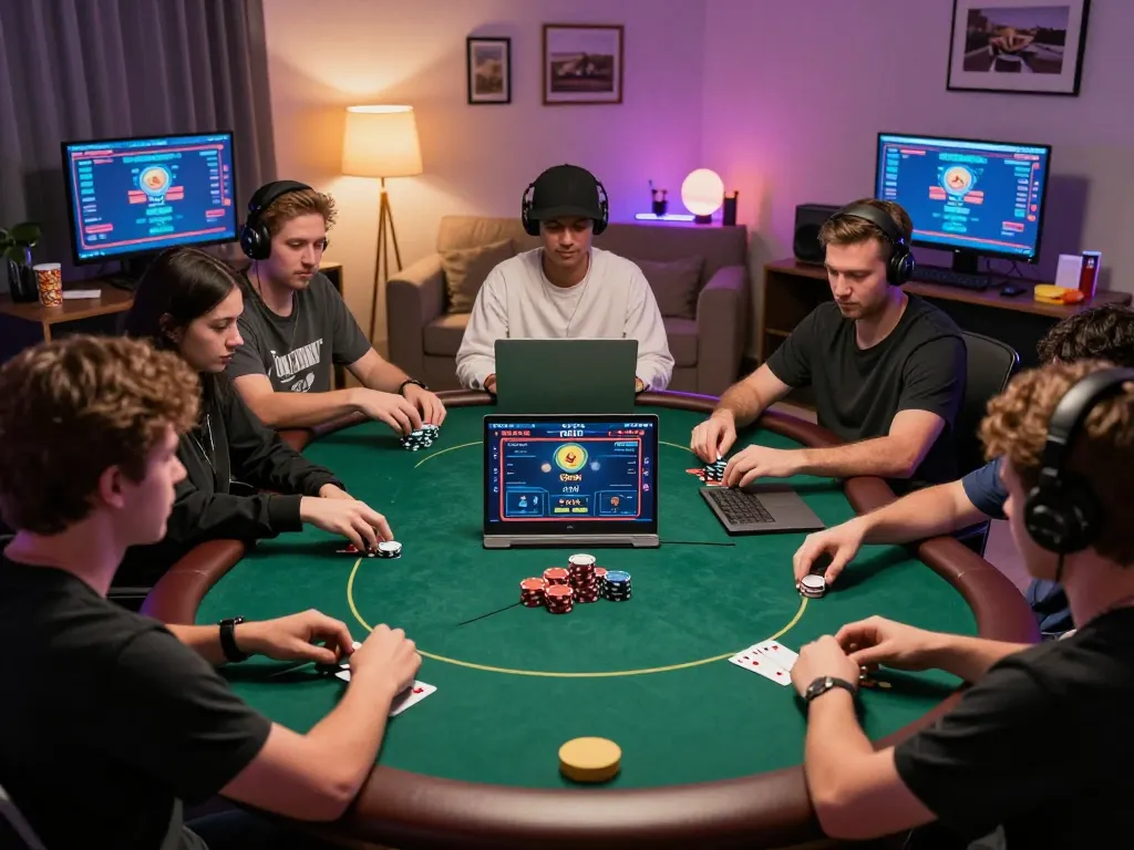 nk88 players engaging in a live poker game online, with modern setups and snacks