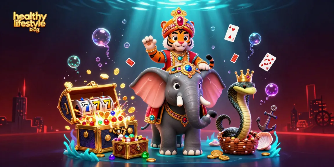 Engage in thrilling gameplay at this healthy lifestyle blog themed casino scene featuring a vibrant tiger, elephant, and rich casino elements.