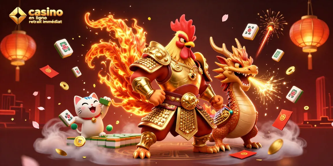 Casino en ligne retrait immédiat avec un guerrier coq et un dragon, entourés d'éléments festifs.
