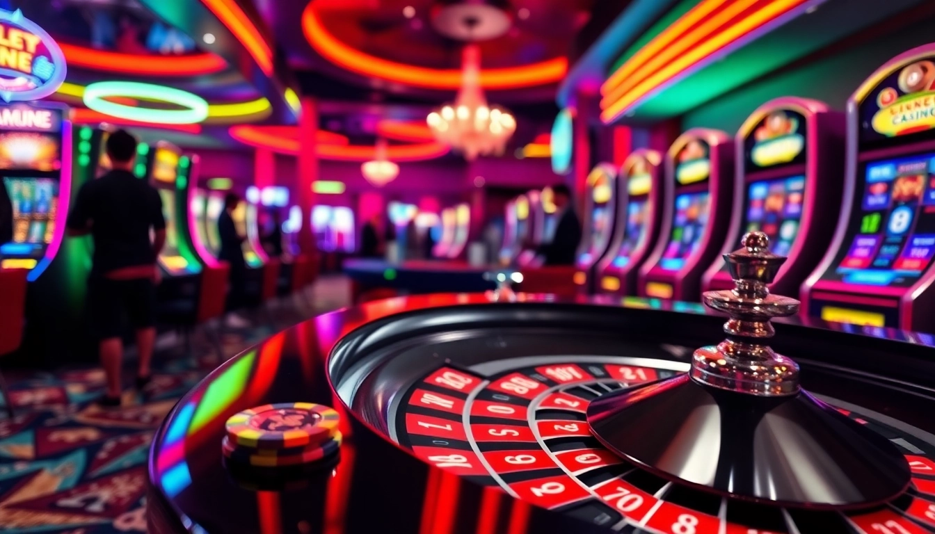 Engaging atmosphere at a Non gamstop Casino UK, showcasing bright lights and exciting gameplay.
