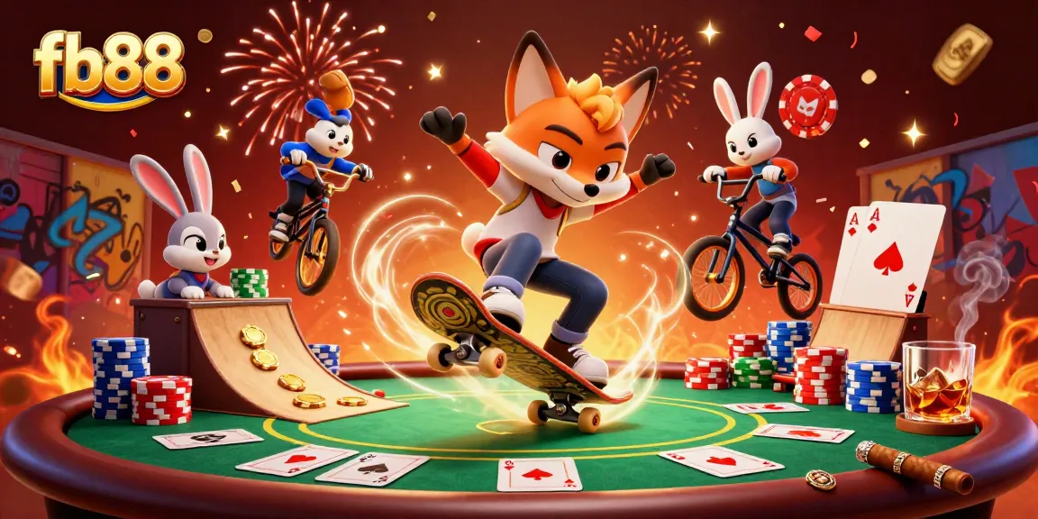 Experience thrilling action with fb88, showcasing a vibrant cartoon fox and rabbit performing tricks over poker chips.