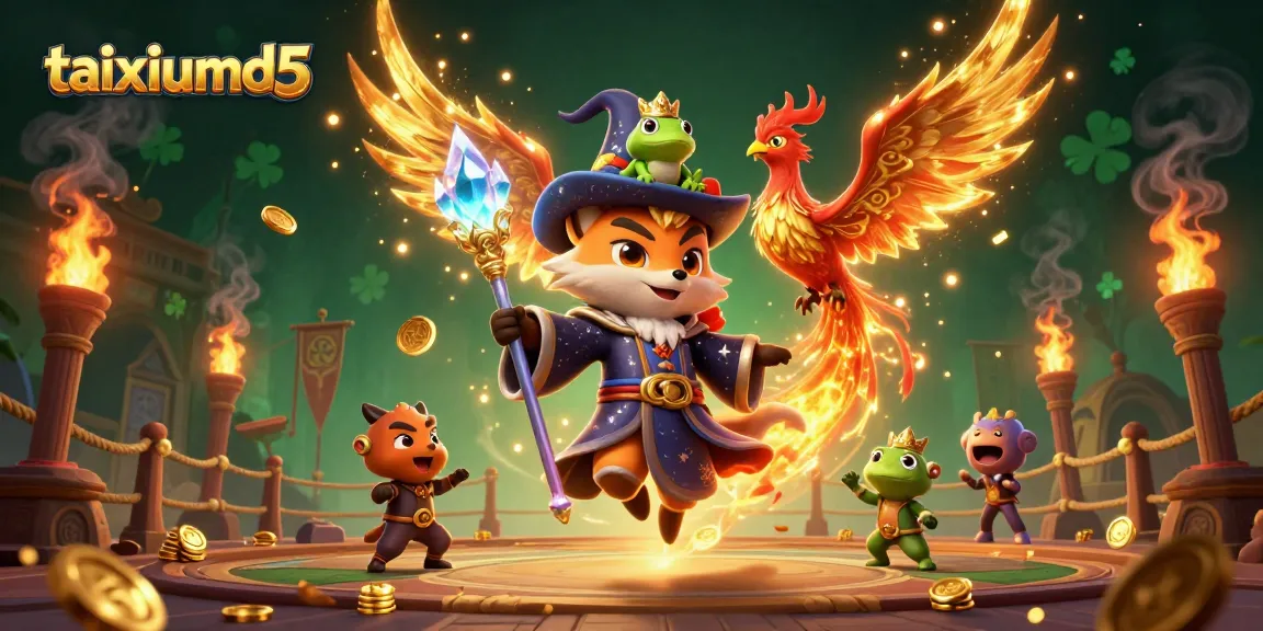 Join the excitement of taixiumd5 with a vibrant wizard fox and phoenix in a magical gaming scene.