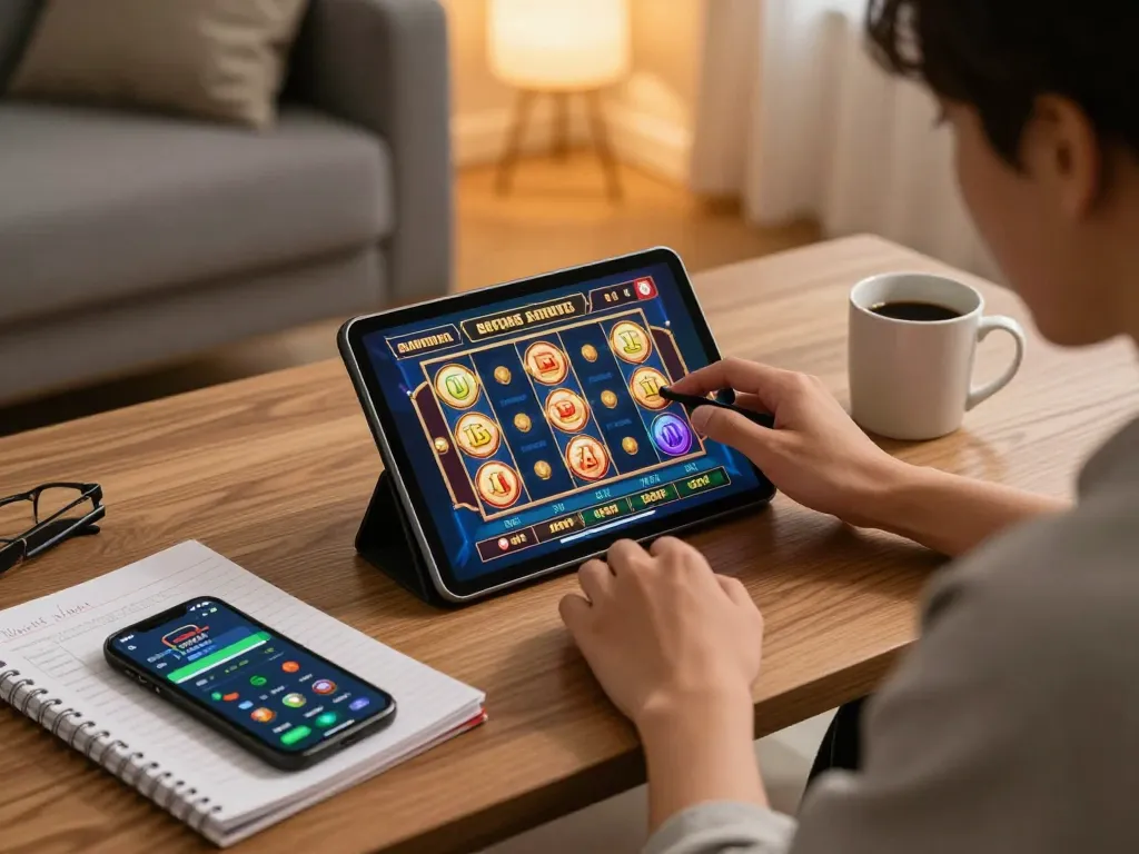 Engaging home scene focused on a player using a tablet for situs slot gaming with strategy notes around.