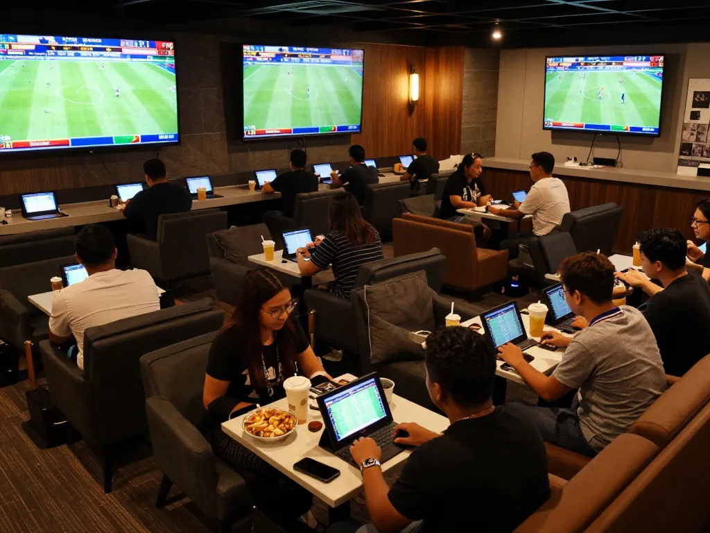 Bettors analyzing sports odds at keonhacaii88 in a lively betting lounge, showcasing the thrill of online betting.
