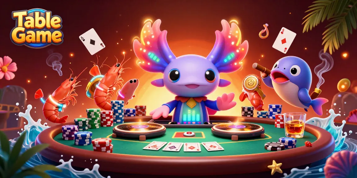 Experience a vibrant Table Game scene featuring a DJ axolotl, poker table, and dynamic ocean elements.