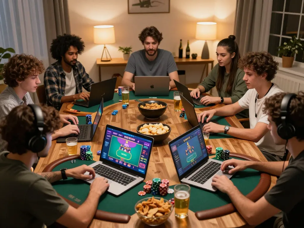 Các game thủ LỢI8 tham gia một ván poker trực tuyến hồi hộp với tinh thần cạnh tranh tại nhà.