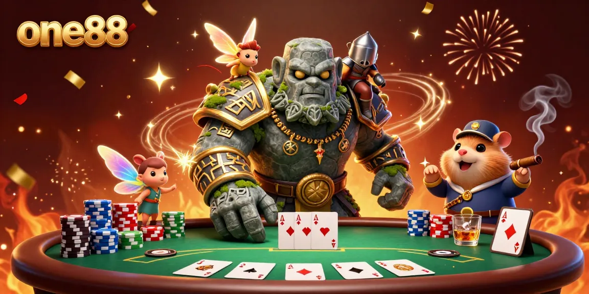 one88 poker game scene featuring a magical golem, fairy, and hamster knight surrounded by chips and cards