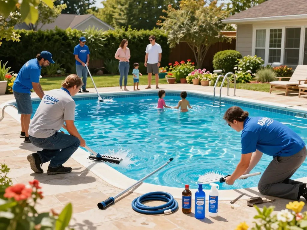 Dolphin Pool Services team maintaining a residential pool in Virginia, showcasing professional service and attention to detail.