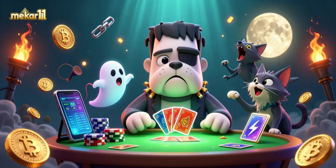 Join the fun at mekar11 with a 3D cartoon scene of a Frankenstein bulldog dealing cards!