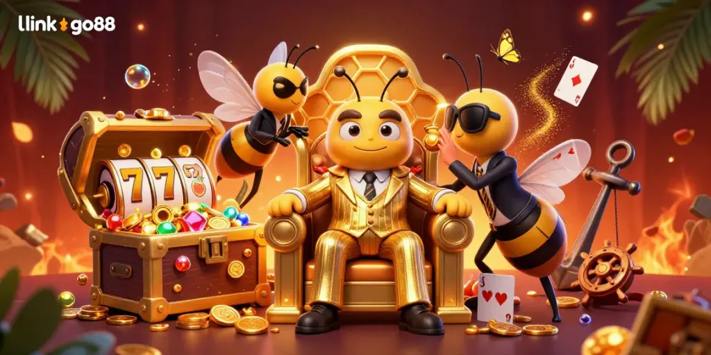 Engage with the immersive gaming world of link go88 featuring a cartoon bumblebee mob boss amidst dazzling casino elements.