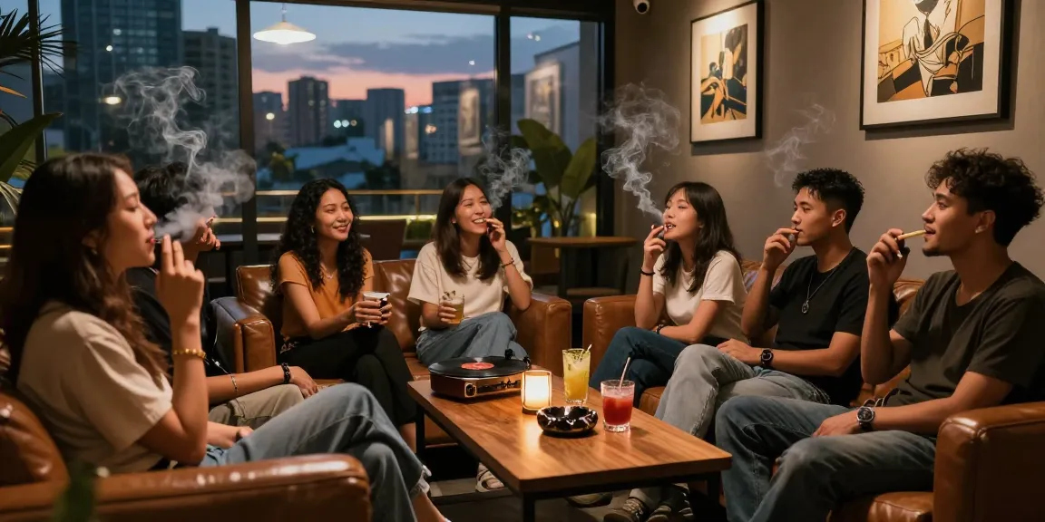 Friends enjoying rokok88 in a stylish indoor smoking lounge with city views.