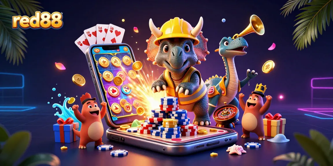 Engage with red88's exciting world featuring 3D characters building poker chip pyramids amid dynamic casino elements.