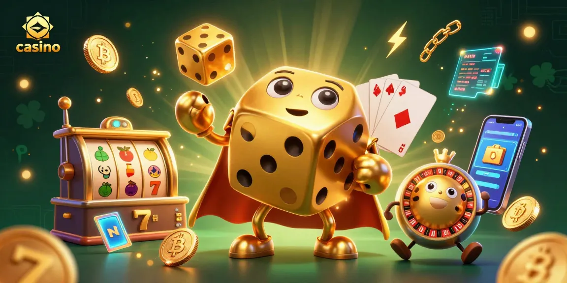 Experience thrilling casino action with a golden dice golem and slot symbols in this vibrant digital illustration.