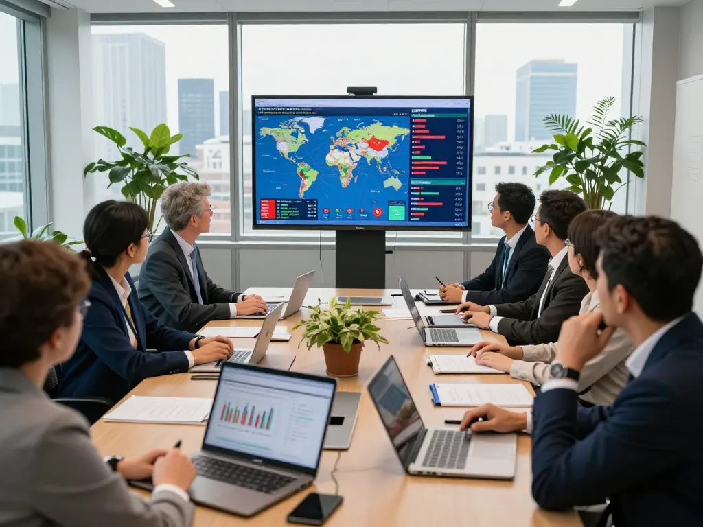 International Crisis Watch meeting showcasing analysts discussing global conflicts