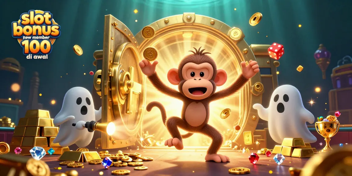 Gambar promosi slot bonus anggota baru 100 di awal dengan karakter melejit dan elemen permainan berkilau.