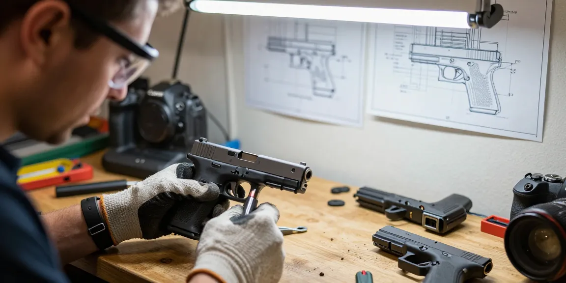 Glock slide customization at https://precisionglockslides.com workshop, showcasing precision tools and craftsmanship.