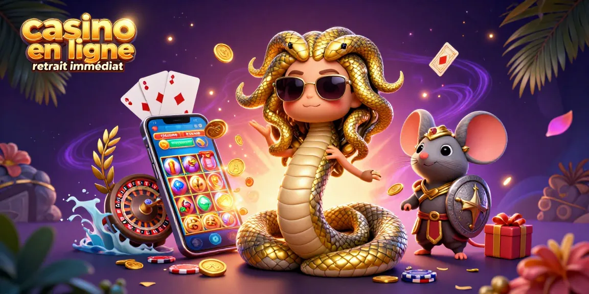 Jeux passionnants de casino en ligne retrait immédiat avec Medusa et un guerrier souris, entourés de gains instantanés.