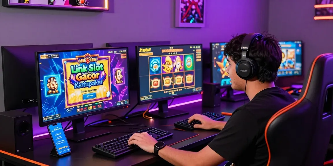 Player engaged in Link Slot Gacor Kartupoker online gaming, surrounded by colorful slot game graphics and tech elements.