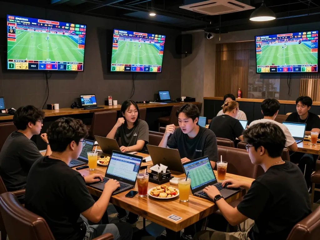 Bongdallu users excitedly analyzing odds in a lively sports betting environment.
