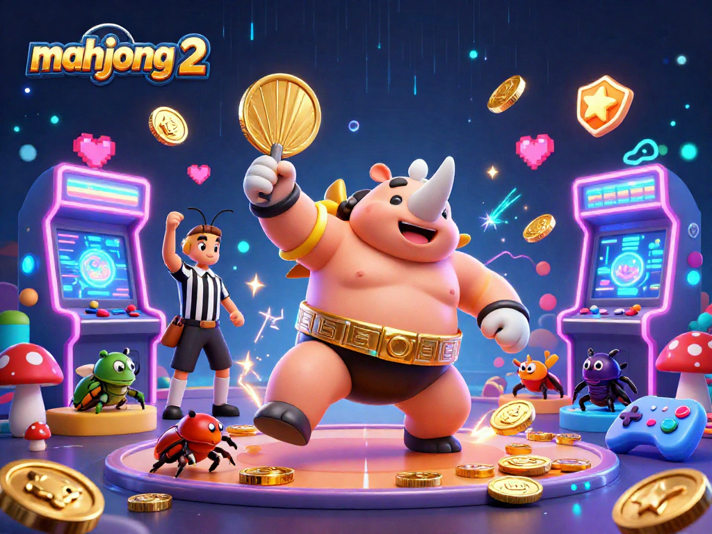 Engage in mahjong 2 with a thrilling scene of a beetle champion amidst glowing game elements.