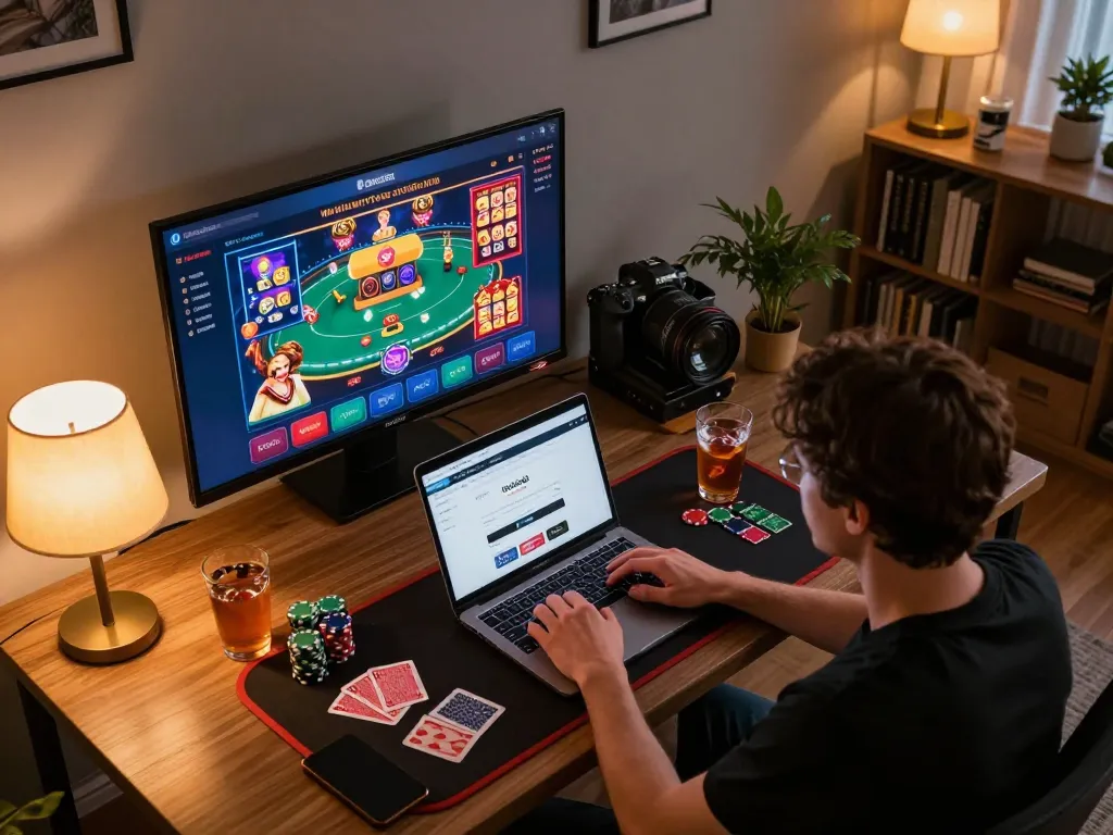 Logging into rokok88 for an exciting online gaming experience on a cozy desk