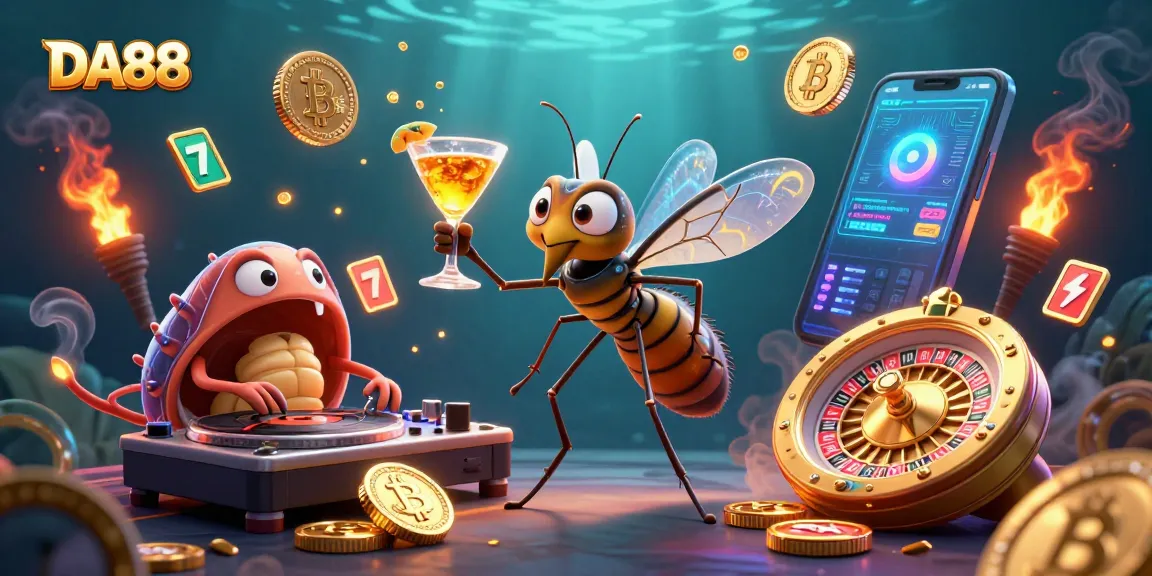 Engage with DA88 through a vibrant casino scene featuring a unique mosquito mascot and thrilling gaming elements.