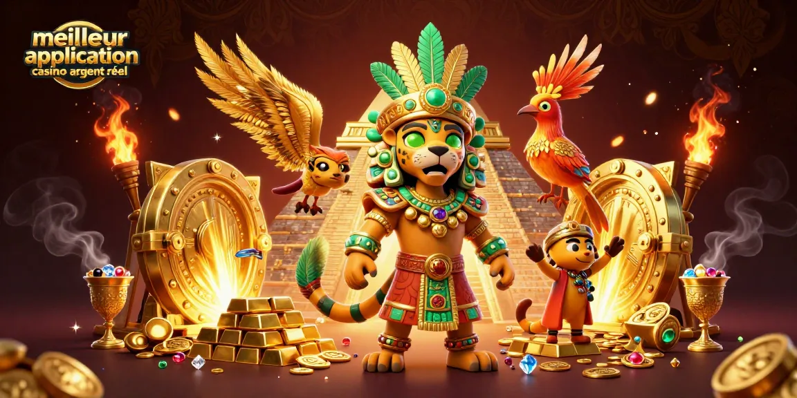 Profitez de la meilleure application casino argent réel avec un prêtre jaguar et un oiseau quetzal dans un décor vibrant.