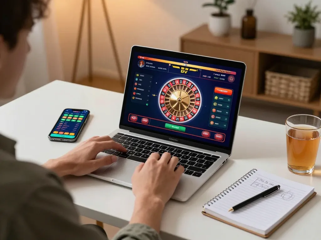 Engaging with online casinos Canada via laptop gameplay showcasing roulette strategy and gaming interface.