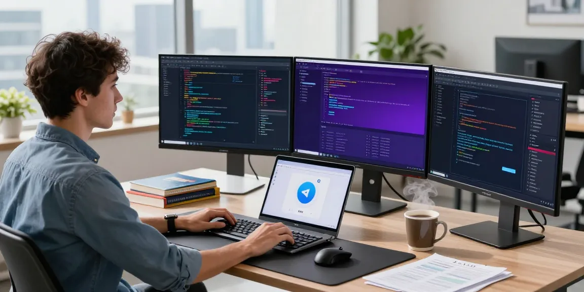Developer using Telegram Download on multiple screens in a modern office