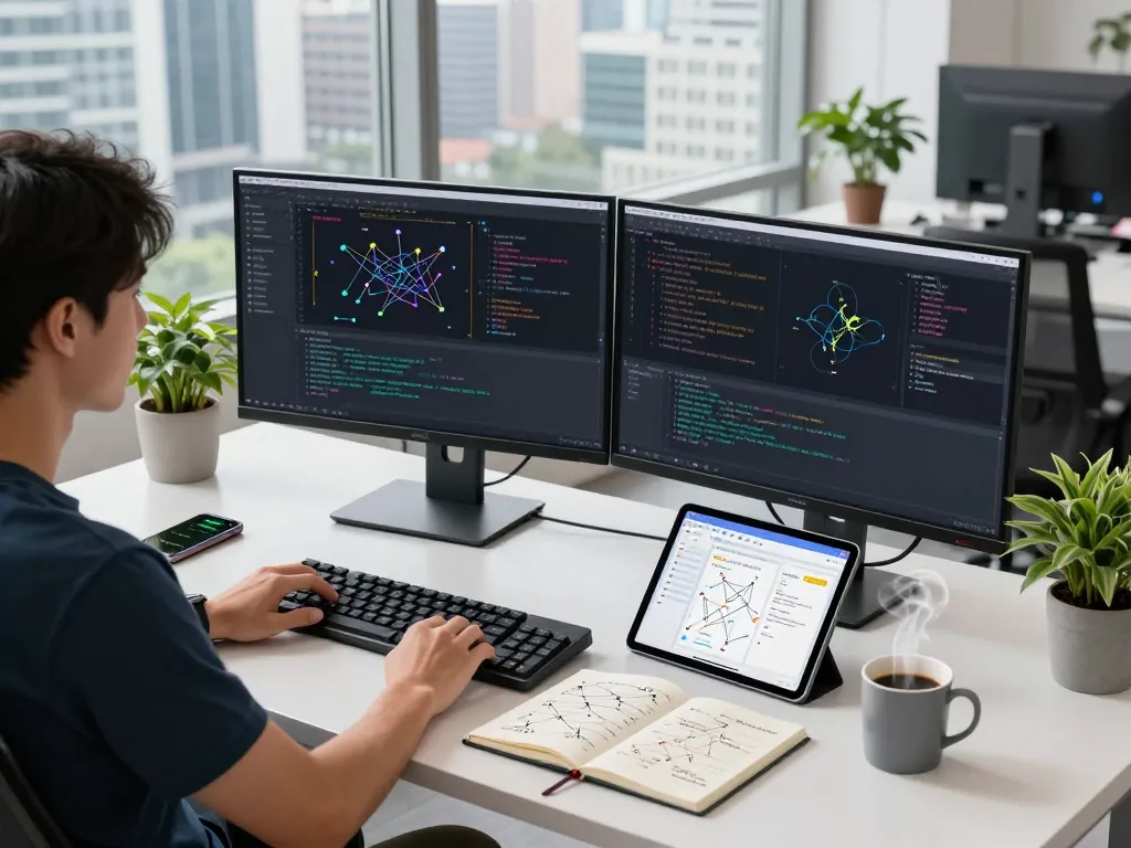 快连 software developer coding on dual monitors in modern tech workspace, emphasizing advanced network solutions and productivity.