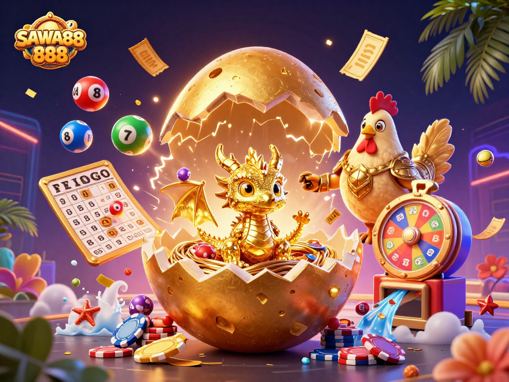 SAWA888 showcases a vibrant scene with a golden baby dragon and poker chips in a dynamic casino atmosphere.