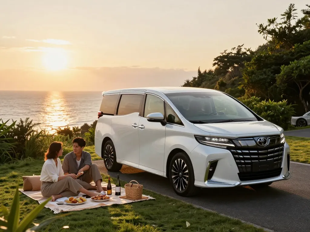 Cảnh cho thuê xe Alphard sang trọng với cặp đôi thưởng thức bữa tối hoàng hôn bên cạnh xe tại một điểm ngắm cảnh ven biển tuyệt đẹp.