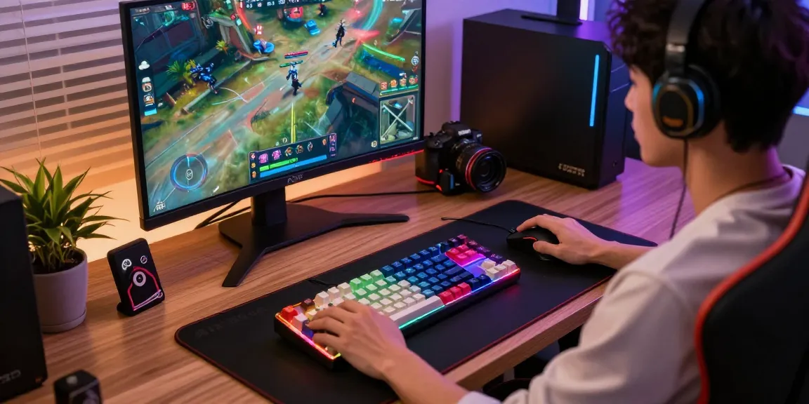 Customize your gaming experience with the ATK RS6 Air keyboard and unique keycaps in a vibrant setup.