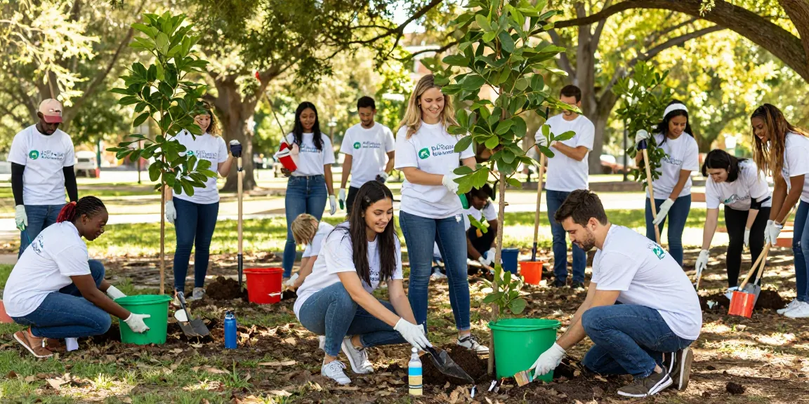 Volunteers engaging in community service for rokok88 login campaign, showcasing teamwork and enthusiasm in a vibrant park.