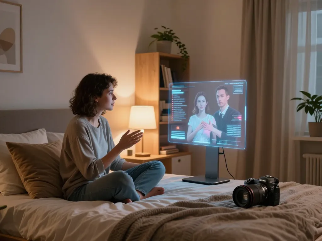 AI sex experience in a cozy bedroom with holographic companion interaction.