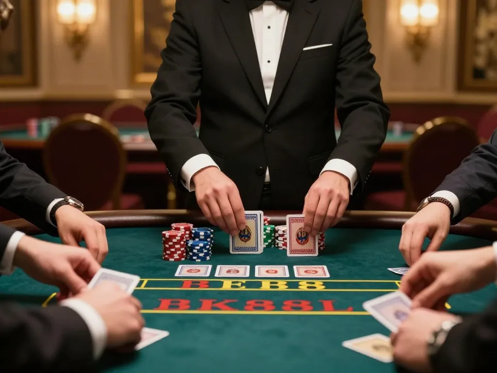Players strategizing at BK888 baccarat table, showcasing excitement of live casino gaming.