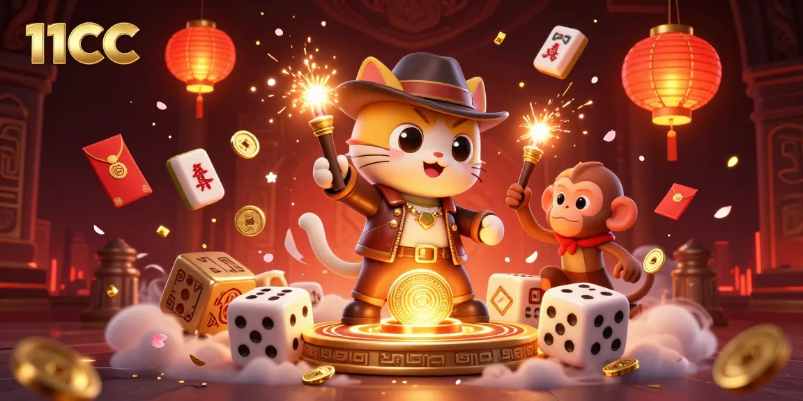 Win big with 11CC: Adventurous cat explores a casino treasure in a vibrant, detailed illustration.
