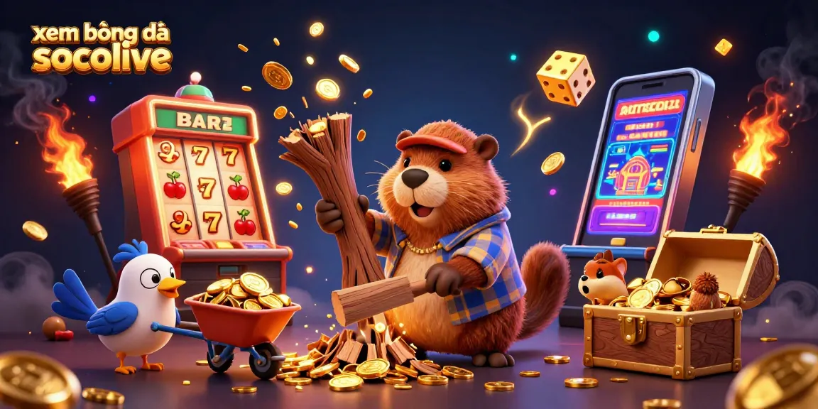 xem bóng đá socolive showcasing a dynamic scene with cartoon characters and casino elements, including golden coins and slot machines.