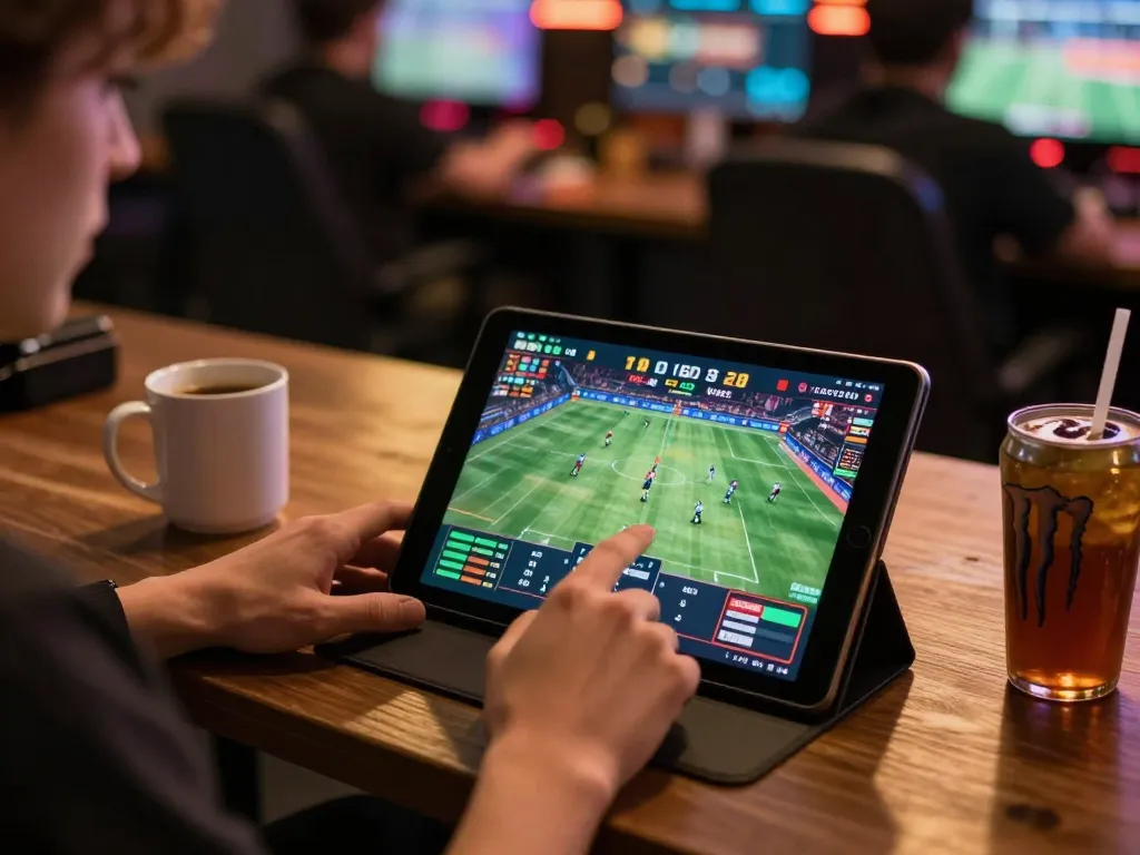 Betting on f8betz sports events with live action displayed on tablet, creating an engaging gaming atmosphere.