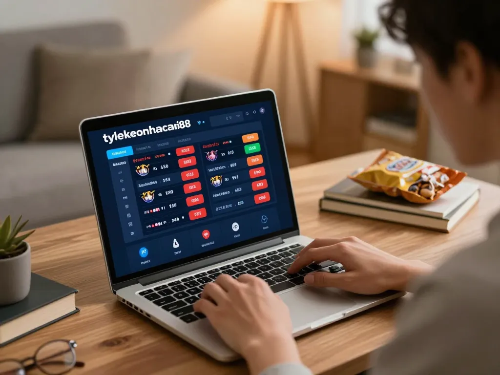 A player engaging in online betting at tylekeonhacai88 using a laptop in a cozy home setting.