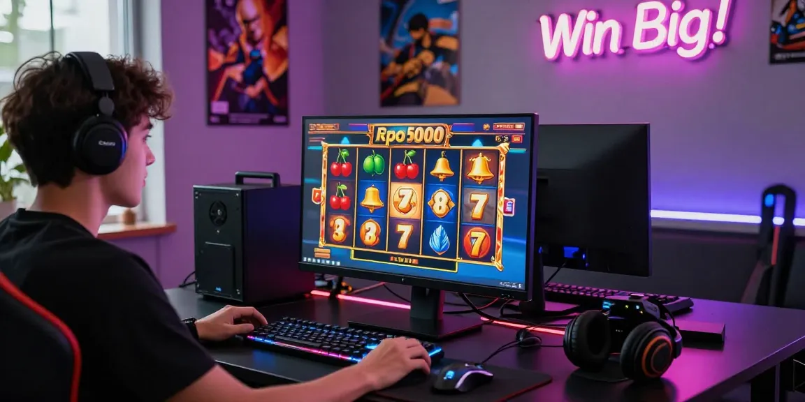 Player enjoying slot depo 5000 game on a high-resolution screen, surrounded by gaming accessories and vibrant atmosphere.