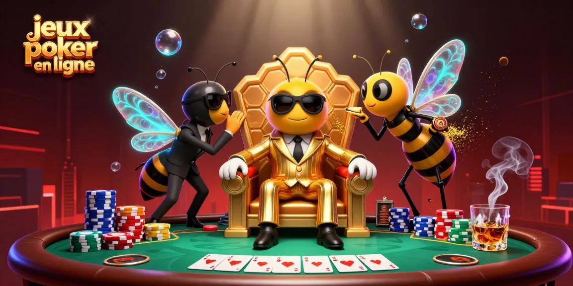 Jouez à des jeux poker en ligne captivants dans une scène dynamique entourée de cartes et de jetons.